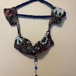 Colorful Floral Bikini Top reversible to black and white striped